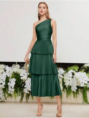 MOTF One Shoulder Ruched Bodice Pleated Long Dress | Dark Green | Size XS